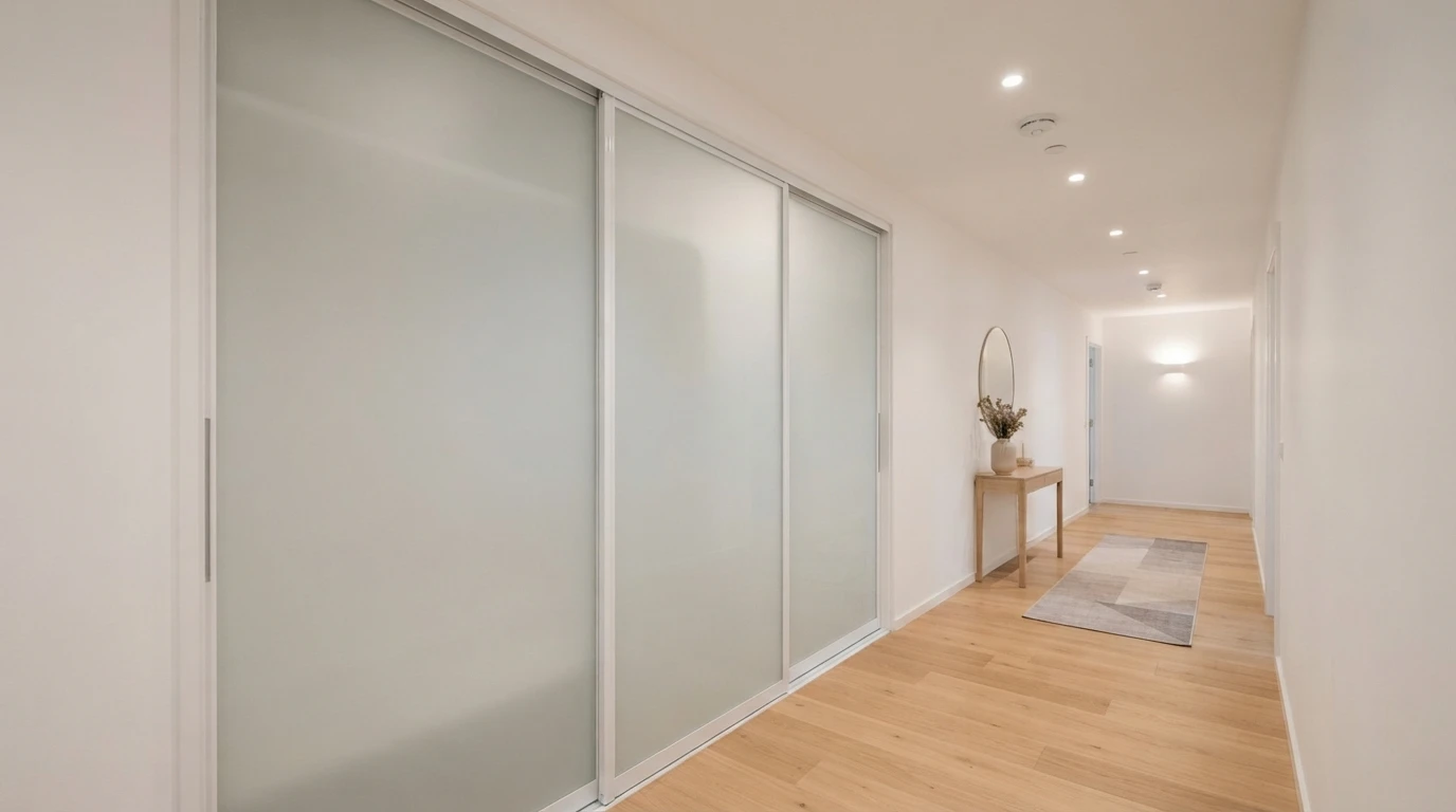 Встроенный шкаф-купе в спальню, пудрово-розовый — вид в интерьере