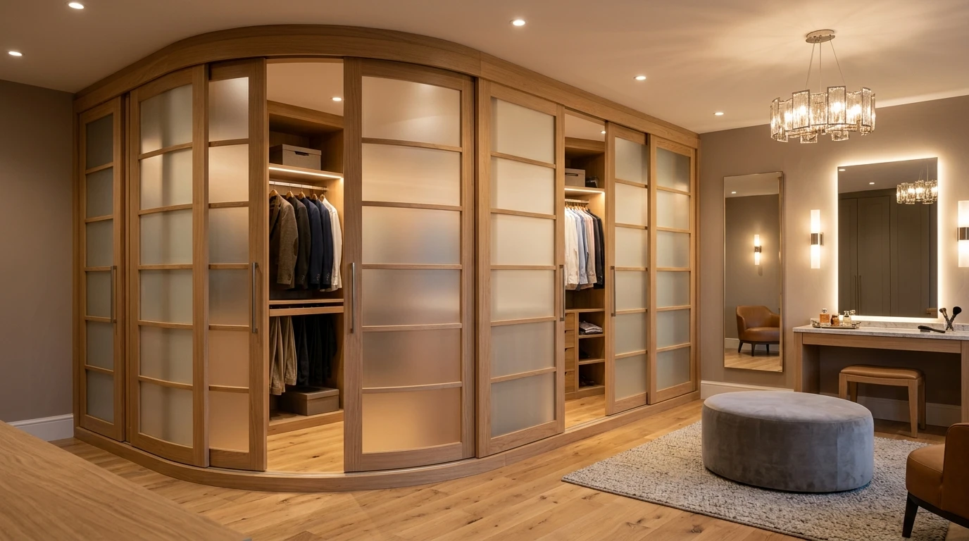 Встроенный шкаф-купе в спальню, жемчужно-белый — общий вид